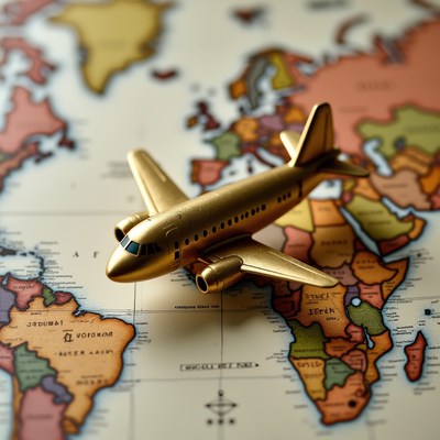 Golden airplane on world map