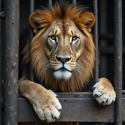 Lion peering through cage bars