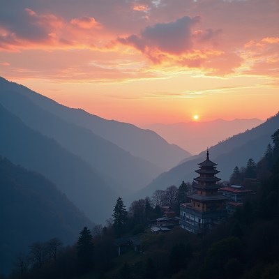 Temple at Sunset in Mountain Valley