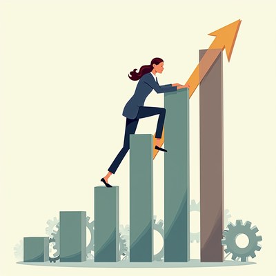 Woman climbing upward arrow graph