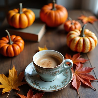 Latte with pumpkins and fall leaves
