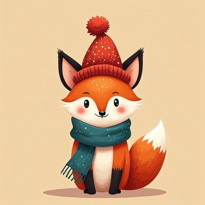 Cute fox wearing red hat scarf