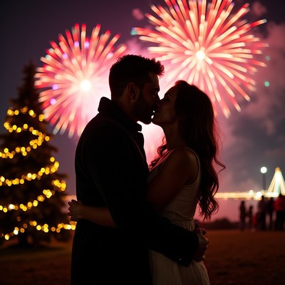 Couple kissing with fireworks and Christmas tree