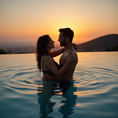 Couple embracing in infinity pool at sunset