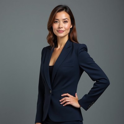 Asian woman in navy blazer suit