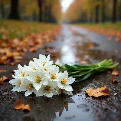 White Lilies Bouquet on Autumn Wet Road