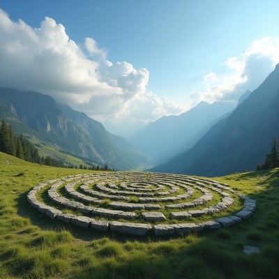 Stone Spiral Labyrinth in Alpine Meadow