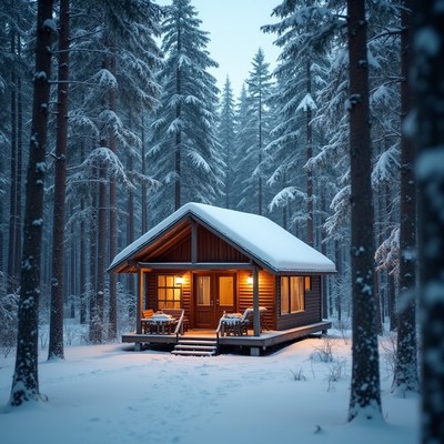 Cozy Wooden Cabin in Snowy Forest