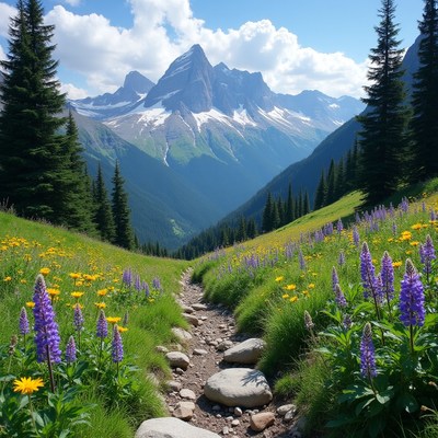 Mountain Trail with Wildflowers and Pine Trees