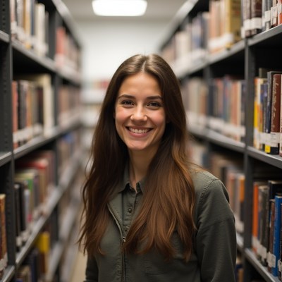 Smiling woman in library aisle