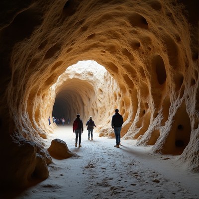 Tourists walking in sandy cave tunnel