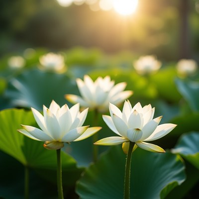 White Lotus Flowers in Pond at Sunset