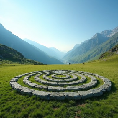 Stone Spiral Labyrinth in Mountain Valley