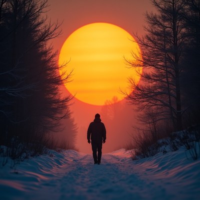 Man walking snowy path toward sunset