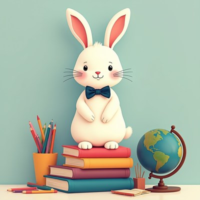 Cute bunny on books with globe