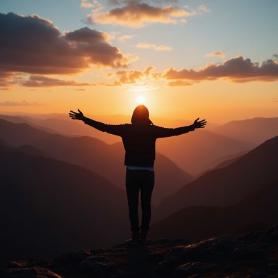 Man arms outstretched sunset mountains