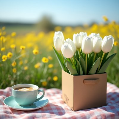 White Tulips and Cappuccino on Picnic Blanket