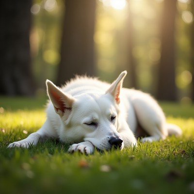 White Husky sleeping in forest grass