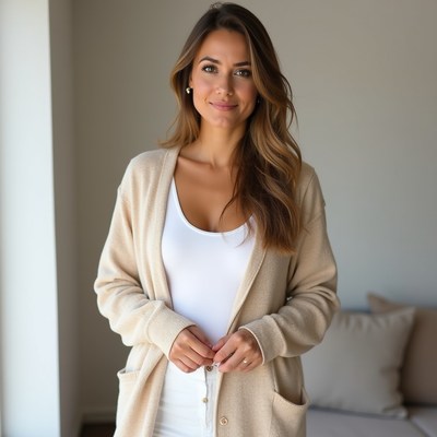Woman in beige cardigan smiling