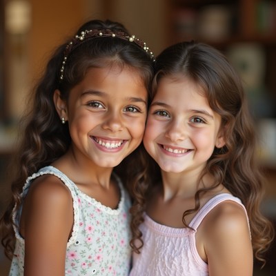 Two Smiling Mixed-Race Girls Hugging