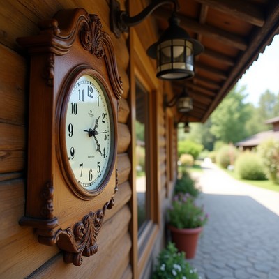 Wooden Clock on Log Cabin Wall
