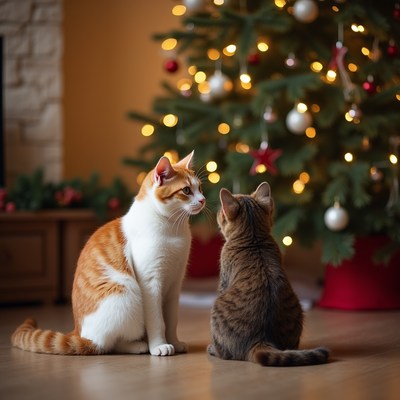 Two Cats Gazing at Christmas Tree