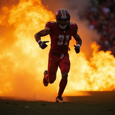 Black football player running through flames