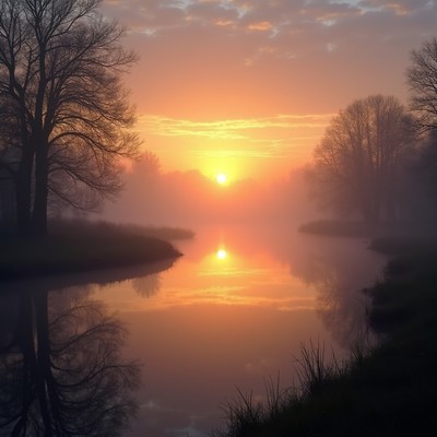 Sunrise over Misty River with Bare Trees