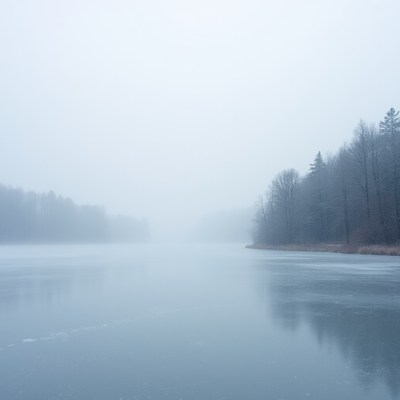 Foggy Frozen Lake with Trees