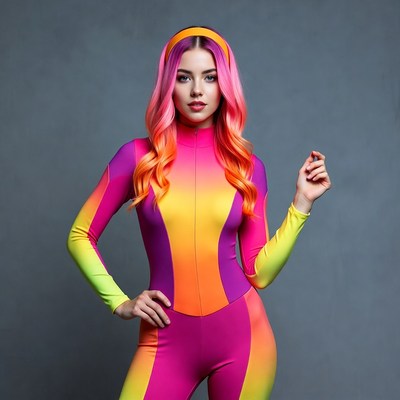 Woman in colorful neon bodysuit