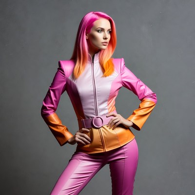 Woman in pink orange leather jumpsuit