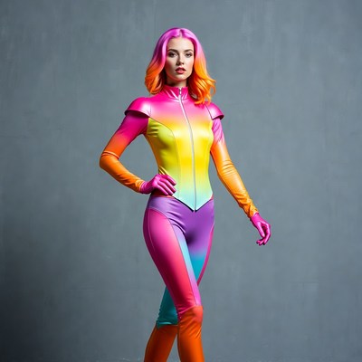 Woman in colorful latex catsuit