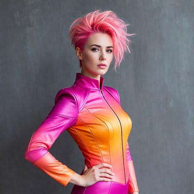 Woman with pink hair in shiny pink jumpsuit