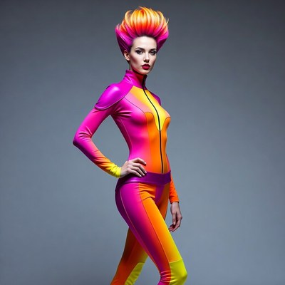 Woman with pink mohawk in colorful bodysuit