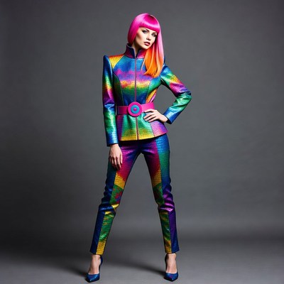Woman in colorful iridescent suit