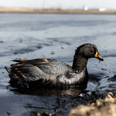 Black duck swimming in oil spill