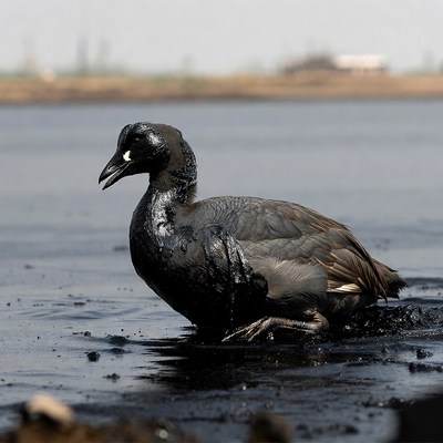 Oil-covered coot in water