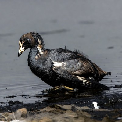 Wet coot standing in water