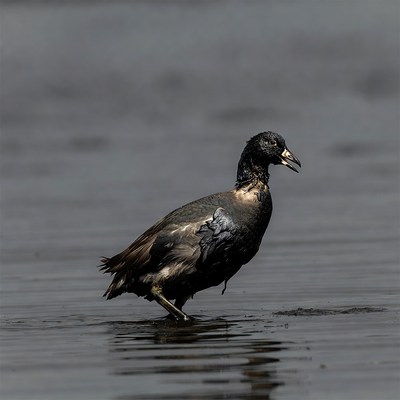 Wet coot standing in water