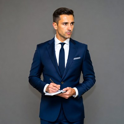 Man in navy suit writing on notepad