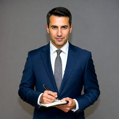 Man writing in notebook suit