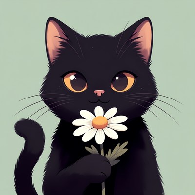 Black cat holding daisy