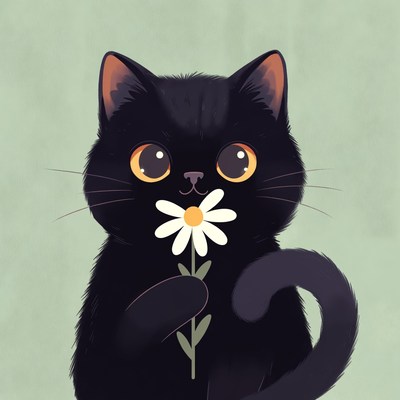 Black cat holding daisy