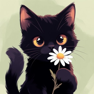 Black kitten holding daisy
