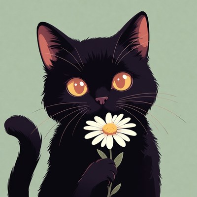 Black cat holding daisy