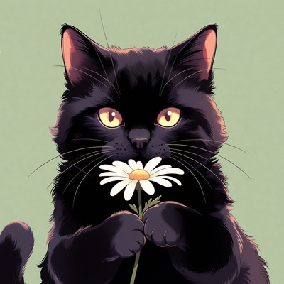Black cat holding daisy