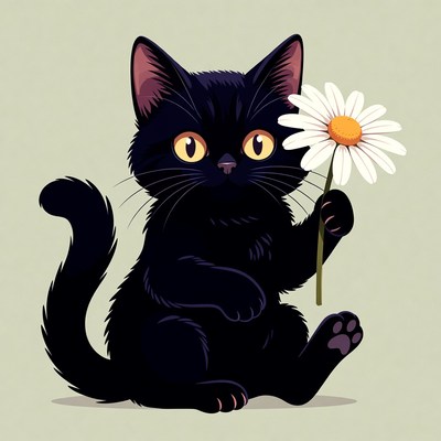 Black kitten holding daisy