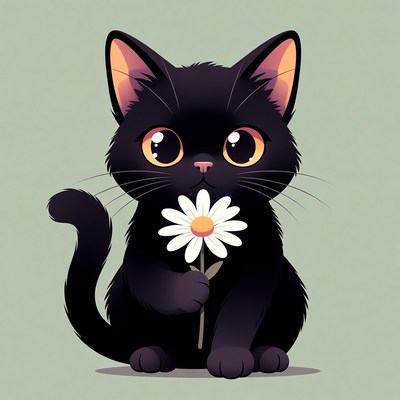 Cute black kitten holding daisy