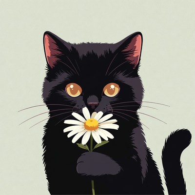 Black cat holding daisy