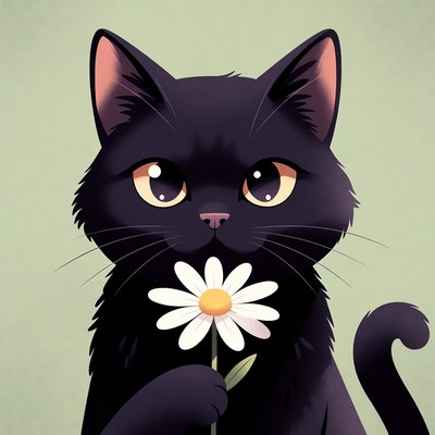 Black cat holding daisy